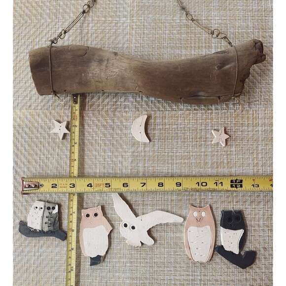 Owls Wind Chimes Driftwood Rustic Cabin Decor w/ Painted Ceramic Figs Handmade - Picture 5 of 9